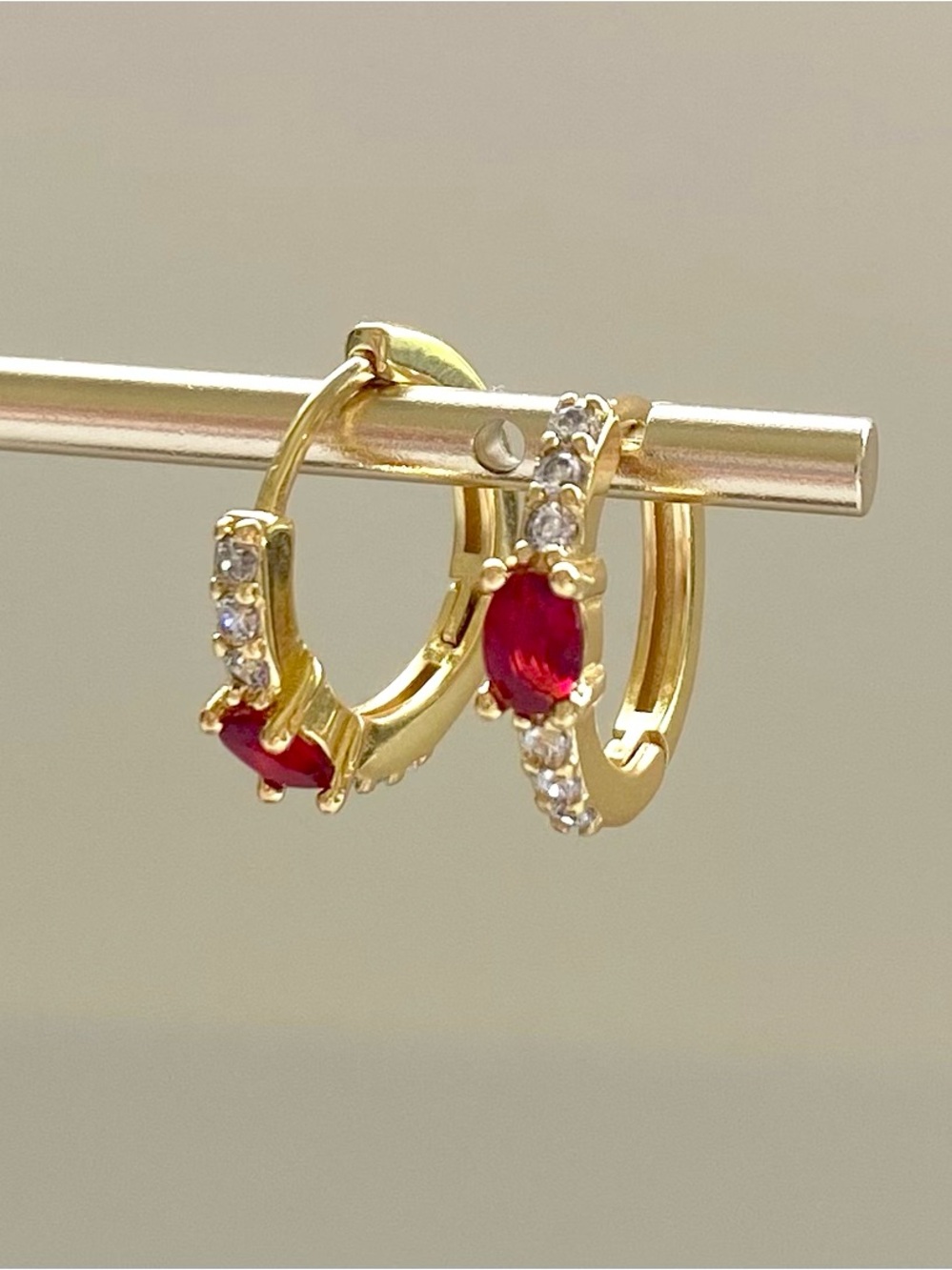 Gold Hoop Earrings with Red Gem and Clear Crystals